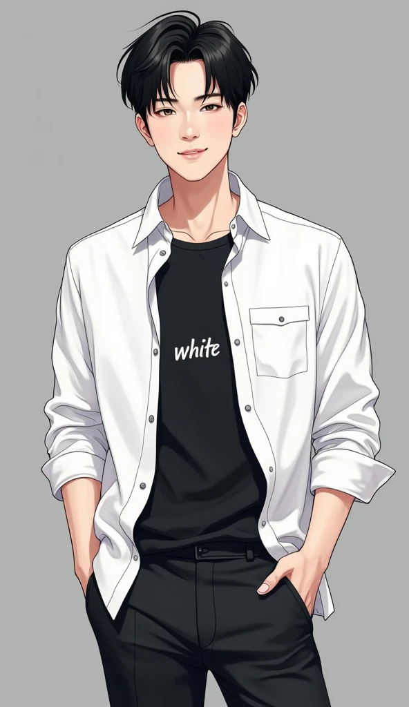 Anime images, 4K,man,Age 30,Black hair,Wear a white shirt,Black inner shirt,Handsome Korean face,The background is light grey-black.,,Cute smile ,, hand, trouser pocket,The shirt is written with the word WHITE ,เน็คไท