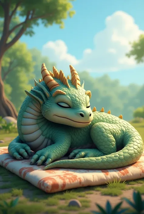 An animated dragon lying on a mattress on the ground