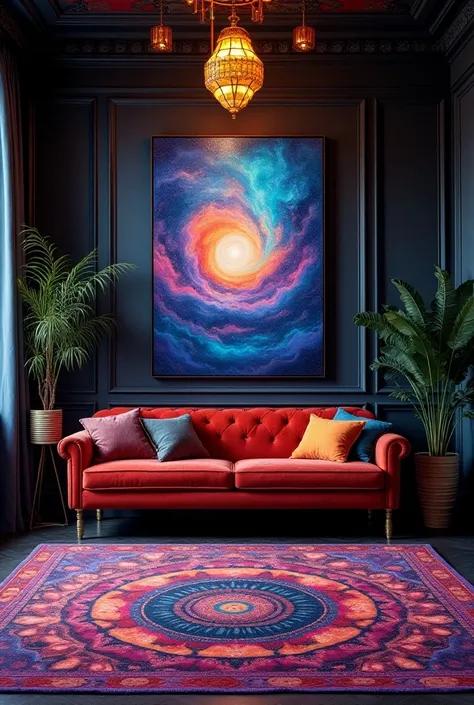 "A vibrant, psychedelic-themed room with dark walls, bold, saturated colors and modern furniture. The main wall, professionally lit from the front without visible light sources, features a large, empty canvas in the center, framed by dark tones. The room i...