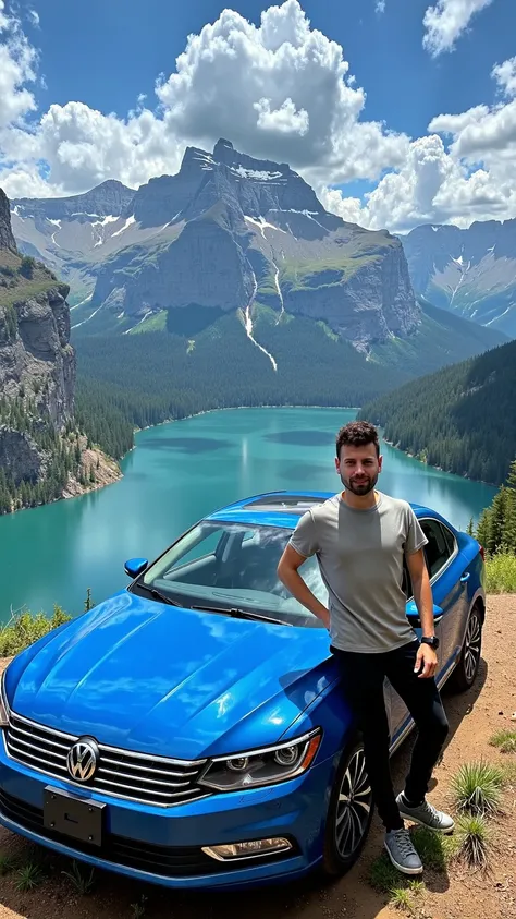 A hyper-realistic image of a young man dressed casually, standing and leaning against the hood of a cobalt blue (#0047AB) 2017 Volkswagen Passat sedan. The car is parked on a hilltop, overlooking a breathtaking, expansive mountain range with towering peaks...