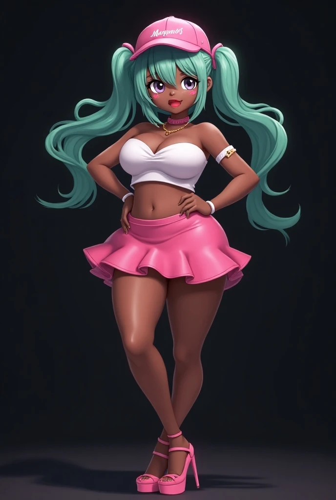 (detailed)Cute and beautiful anime woman, dark skin, teal green hair, with two pigtails, hair covering one eye, with heart-shaped pupils, with a pink cap, with a pink mini skirt and a strapless top, with platform heels, with big breasts, thick thighs, very...