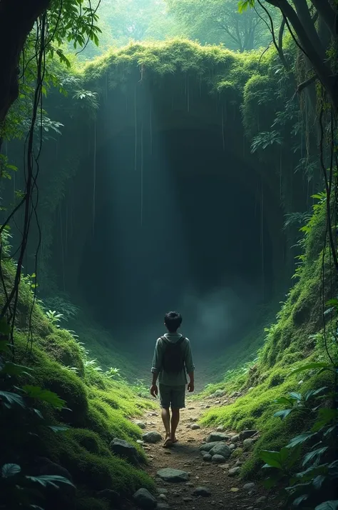 A very clear ultra HD dynamic image of "In the depths of the forest, Arjun encounters a dark, mysterious cave with an imposing entrance. Shadows loom around it, and the air feels charged with energy. Vines and moss cover the caves mouth, enhancing its eeri...