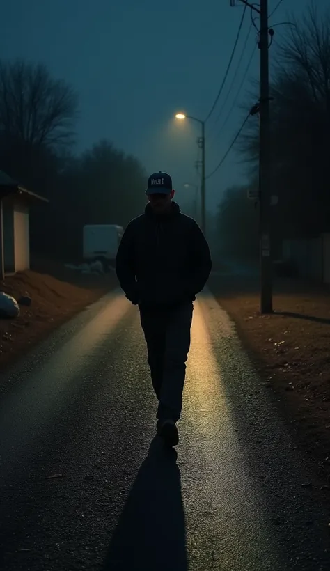 
Only the fragile shadow of a man with baseball cap that said "uncle D", walking, his hands in his pockets on the road at night is reflected on the road, no people, a deserted road, a gravel road, a road that just leads straight into darkness, garbage dump...