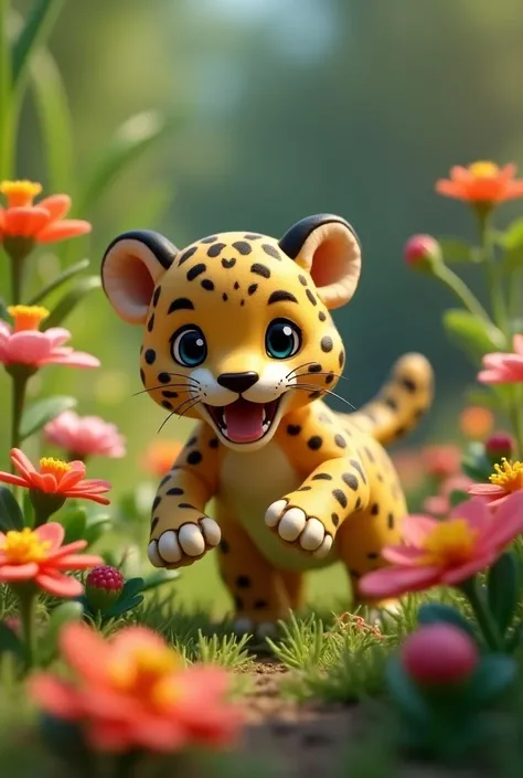 A cute baby jaguar playing in a flower garden with an ultra realistic LEGO in the back 