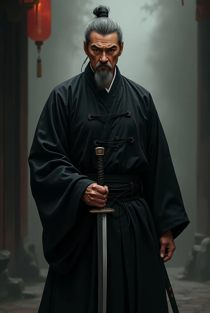 , middle-aged man, , wearing an antique Chinese black dress, , Holding a right hand sword , Manga drawing style, realistic 2.5D
