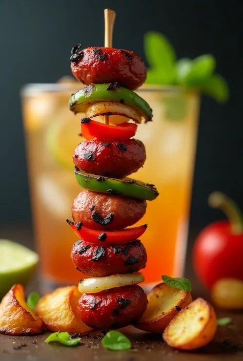 Skewers of chorizo inserted in a stick with pepper and onion 
Cocktail with potatoes


