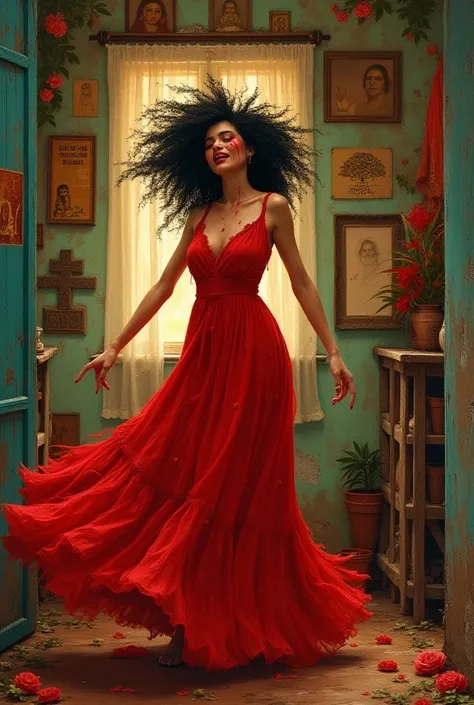 A woman sings in her small tiny house, tears of blood streaming down her face, but she dances with grace in a beautiful red dress. She is filled with lightness and love, her voice carrying her words with strength. The tiny house is adorned with spiritual s...