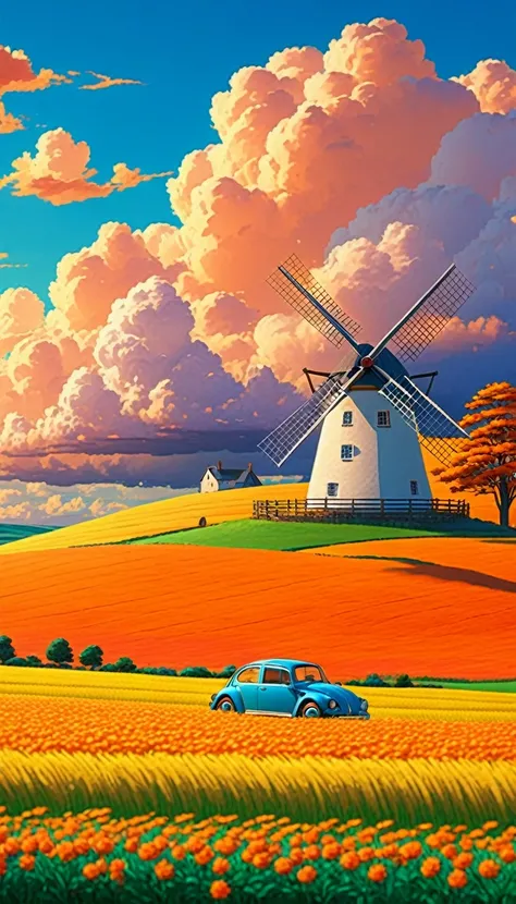 A windmill in a field where theres a simple house with a Volkswagen Beetle parked in front, its late, vibrant and saturated colors, the clouds are orange, calm and peaceful atmosphere, digital art style, anime, impressionism, realistic landscape painting, ...