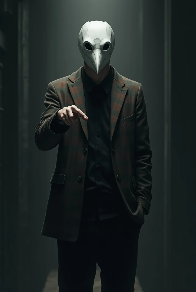 Male, ((((white Bell bird mask)))), checkered jacket, jacket colour: dark gray and dark brown, noir atmosphere, standing, dark scene, creepy atmosphere, aims from fingers, relaxed pose, chilling pose, sloppy dressed, epic, anime noir style,