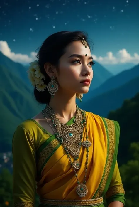 A description of a Nepali girl features her dressed in a traditional Nepali attire, adorned in beautiful yellow and green colors, complemented by elegant jewelry and intricate patterns. Her hair is elegantly styled, enhancing her natural beauty.

In the ba...