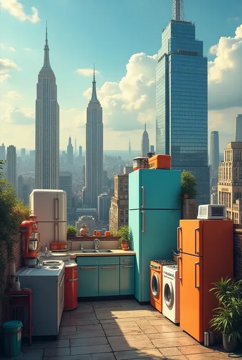  I want skyscrapers in New York but with appliances,  that is to say that refrigerators are the big skyscrapers ,  then the kitchens are smaller buildings , dryers, vertical air conditioners ,  blenders and so on 
Let it be a long picture porfis  