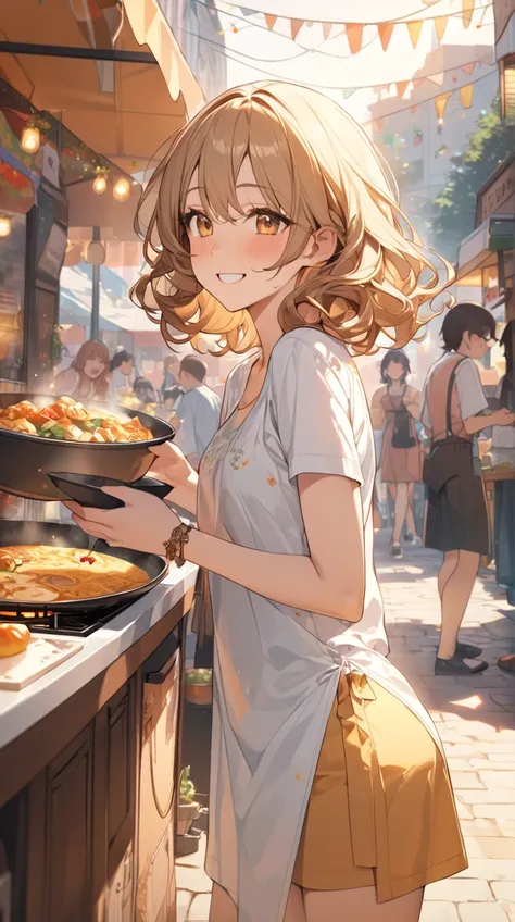 One Girl、Warm smile、Attractive eyes、Curly Medium Hair、 trendy attire 、 vibrant personality 、Small breasts、 sharing the joy of cooking 、  
break、  
 soft twilight light 、(Golden shades:1.4)、Warm tones、inviting shadows 、 Relaxed Atmosphere 、Culinary creativi...