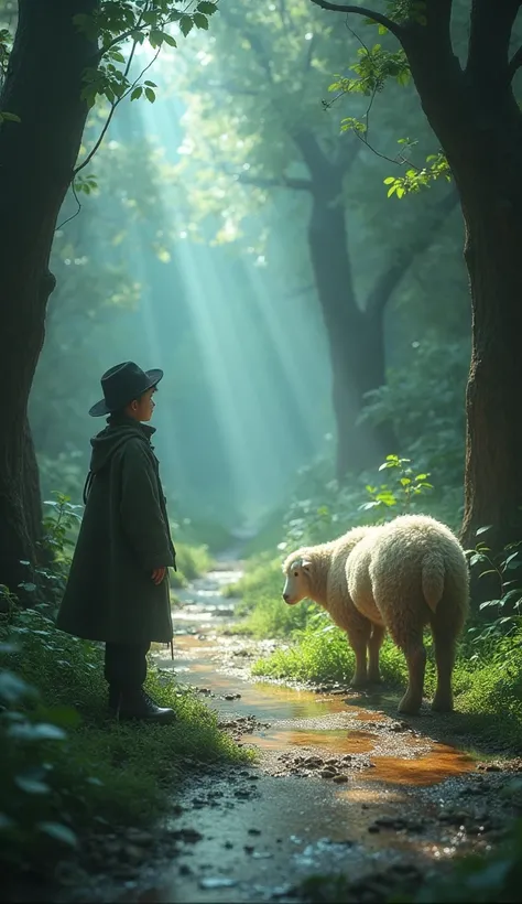  The wool remains dry in the center of the scene ,  while the surrounding floor is drenched in dew. Gideon is standing ,  looking in amazement at the sign 