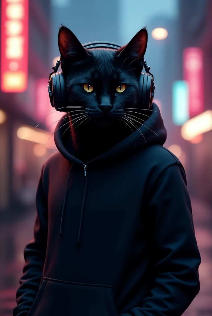 A cool cat wearing black hoodie and headphones