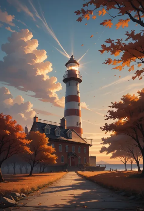 score_9, score_8_up, score_7_up, (masterpiece, UHD, 8K, 16K, ultra detailed), scenery, 1lighthouse, loneliness, sunset, (autumn), (wind:1.2), cozy, diffused light, dramatic ambient