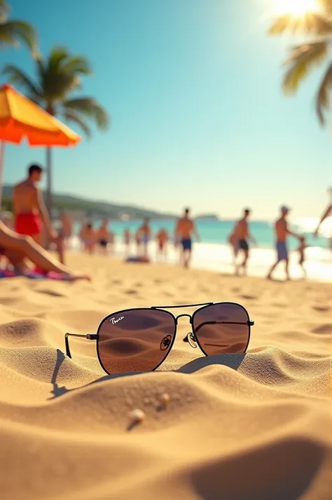 "A sunny beach with people and umbrellas, with a single hidden pair of sunglasses on the sand. The setting is vibrant and busy, making the sunglasses blend into the environment."