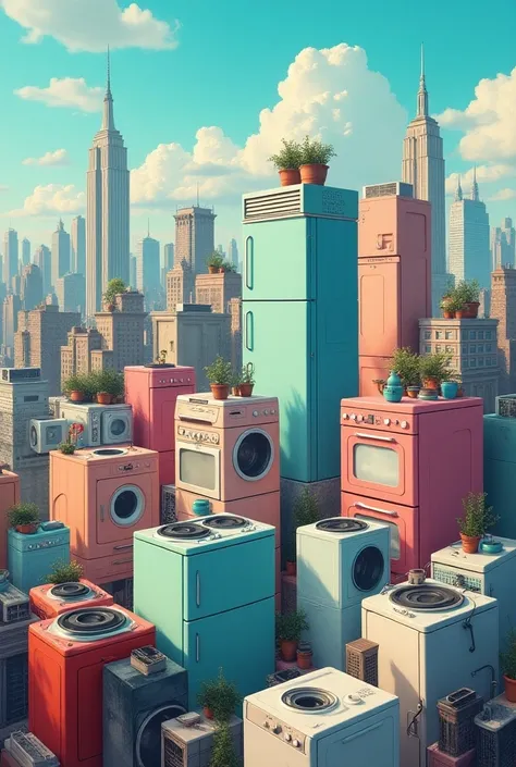  I want skyscrapers in New York but with appliances,  that is to say that refrigerators are the big skyscrapers ,  then the kitchens are smaller buildings , dryers, vertical air conditioners ,  blenders and so on 
Make it an IMAGE LIKE THE SKYSCRAPERS OF N...