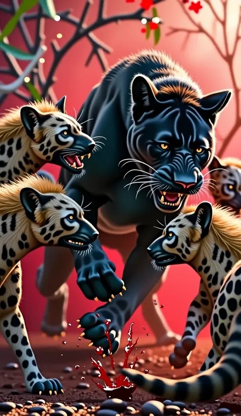 4 hyenas kill a black panther with blood in red leafe blur bg