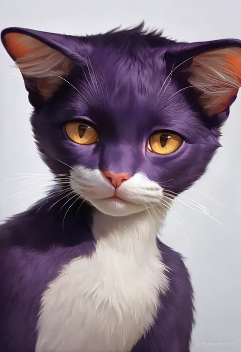 Headshot style angle, tuxedo cat, male, twink, half-lidded eyes, Bedroom Eyes, Gold Pupils, purple fur, hamdsome, 2/3 angle head turn, head slightly tilted, naked, Detailed_Body, realistic fur, Symmetrical_body_structure, symmetrical_eyes, attractive, hand...