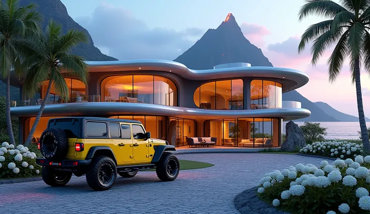 a futuristic house (with kitchen, living rooms, and bedrooms),with a neon yellow and black jeep with big tires parked in front of it,a rough cobble stone driveway. cgsocietywlop, beautiful curves, intricate devilish designs, qualia, interesting shapes & fo...