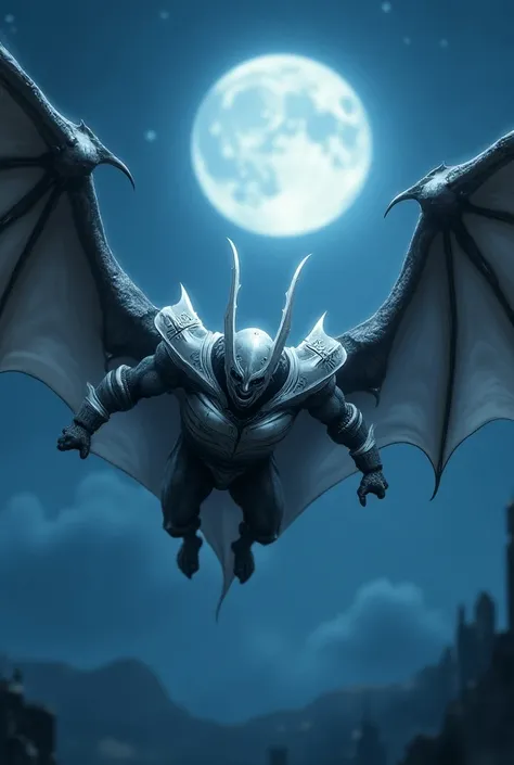 Bat + Moon Knight: A bat cloaked in Moon Knight’s white armor, flying through a moonlit night.