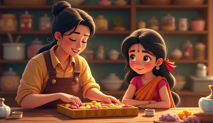 A close-up of the shopkeeper packing a box of sweets for Radhika and her mother, who are eagerly waiting with smiles on their faces.