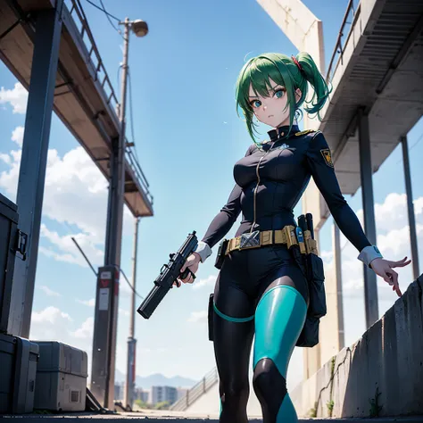 anime girl with a gun in a green uniform, Anime Style 4k,Space Police, Best Anime 4K , Badass Anime 8k, k, viewers, underground stand straight