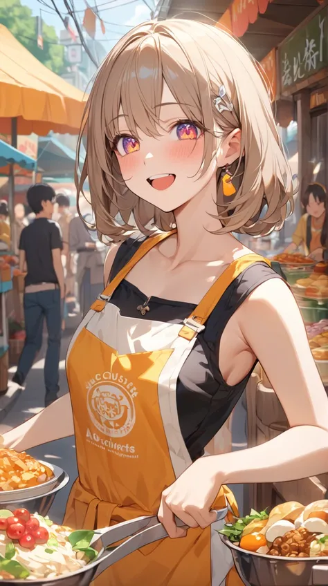 One Girl、 fun vibe、Shining Eyes、 Medium Length Hair 、Colorful aprons、A welcoming attitude、Small breasts、 Engaging with Customers 、  
break、  
 Bright Midday Sun 、( Playful Highlights :1.3)、Fun Colors 、 Vibrant Atmosphere 、 delicious scent 、 Friendly Intera...