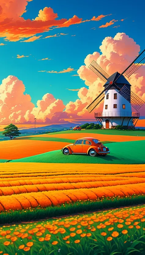 A windmill in a field where theres a simple house with a Volkswagen Beetle parked in front, its late, vibrant and saturated colors, the clouds are orange, calm and peaceful atmosphere, digital art style, anime, realistic landscape painting. in 4k resolutio...