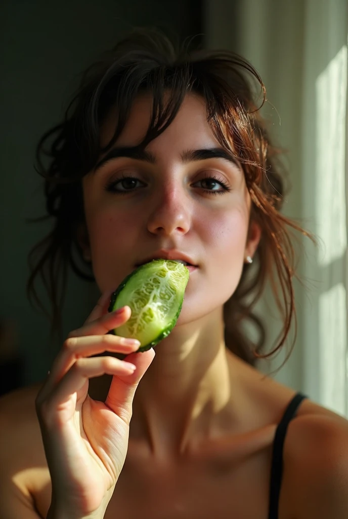 Perfect composition, Proper placement, extreme close up, Front View, View Viewer, Woman holding cucumber to her mouth:1.21, Woman feeling ecstasy, Orgasmic facial expression:1.5, Watery eyes:1.5, Eyes with light, (Create realistic and photorealistic photog...