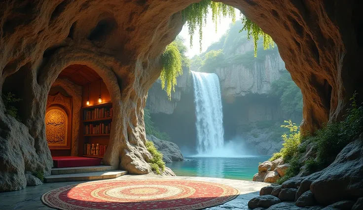 A prayer room carved into a rocky cave with windows that open onto a cascading waterfall. Sunlight streams through the water, creating rainbow reflections that dance on the cave walls. Lush greenery surrounds the waterfall, with vines and moss adding to th...