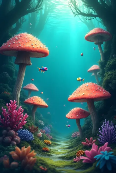 Underwater adventure  background images for making s entertainment Multiple color mushrooms and small fishes