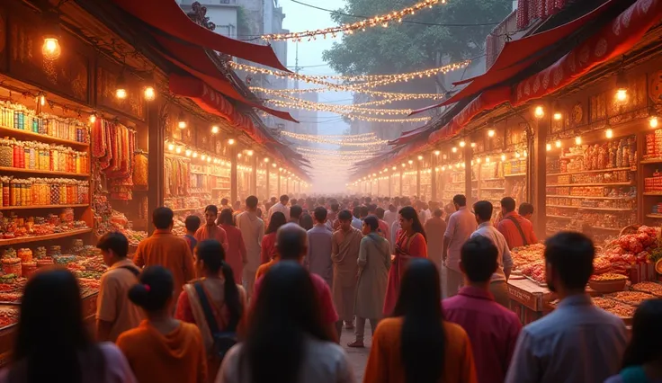 The crowded marketplace full of people buying gifts, clothes, and decorations, with stalls glowing under Diwali lights.