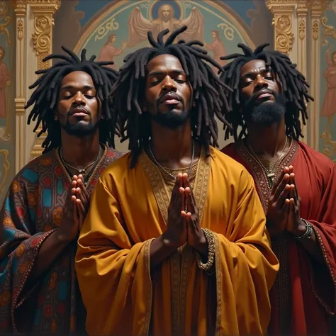 Painting of 3 black men with dreadlocks praying, 3000 years ago in Nazareth, in church