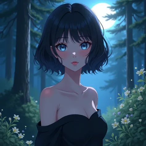 Close up portrait of a emotionless pale woman wearing a simple cute black off the shoulder dress with straps, shiny blue eyes, short wavy balck hair, pink shiny lips, in a moonlit pine forest, with beams of light through trees, lush shrubs, flowers, etc, a...