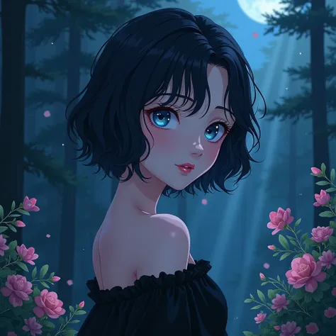 Close up portrait of a emotionless pale woman wearing a simple cute black off the shoulder dress with straps, shiny blue eyes, short wavy balck hair, pink shiny lips, in a moonlit pine forest, with beams of light through trees, lush shrubs, flowers, etc, a...