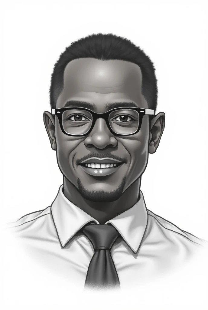 A black male teacher who wears eyeglasses without a beard in the form of a drawing on white background