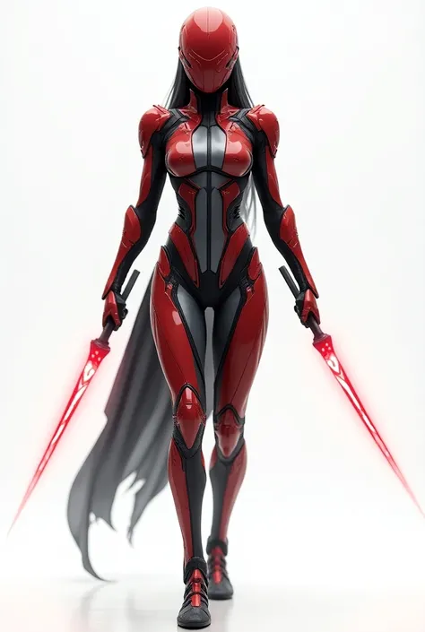 Photorealistic image of a slender, athletic female warrior in full-body futuristic armor with a sleek, sporty, and aerodynamic design. The armor is predominantly red, with grey sections accentuating certain areas and black details providing subtle contrast...