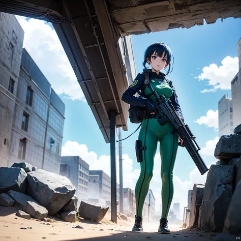 anime girl with a gun in a green uniform, Anime Style 4k,Space Police, Best Anime 4K , Badass Anime 8k, k, viewers, underground stand straight,Western shot