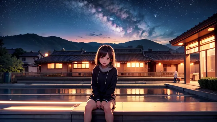 station building at night, car, cute girl sitting on a bench, high image quality