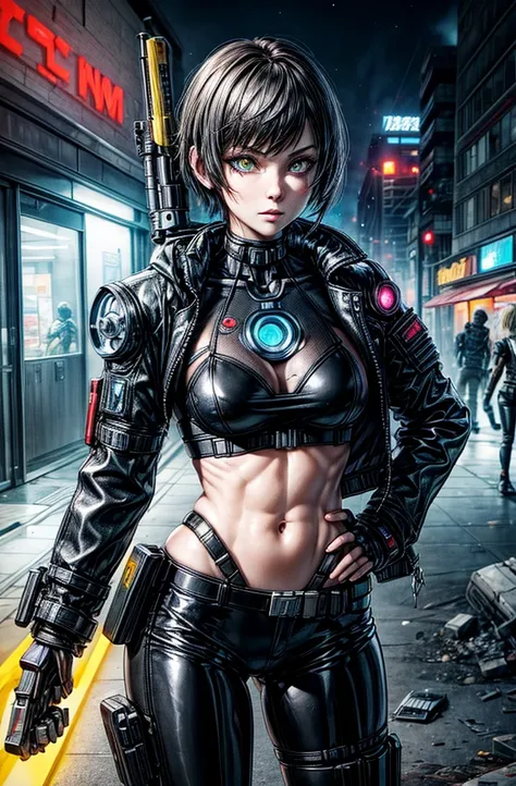  1 girl, short hair, Clevis,  latex bodysuit ,  pants

Cyborg Girl in the Destroyed City, Cyborg girl in a destroyed city ,  serious look, Clevis, Sensual Costume,  cyberpunk 2077 style , ((At night)),

   wear a mini jacket with a gun on your shoulder ,  ...