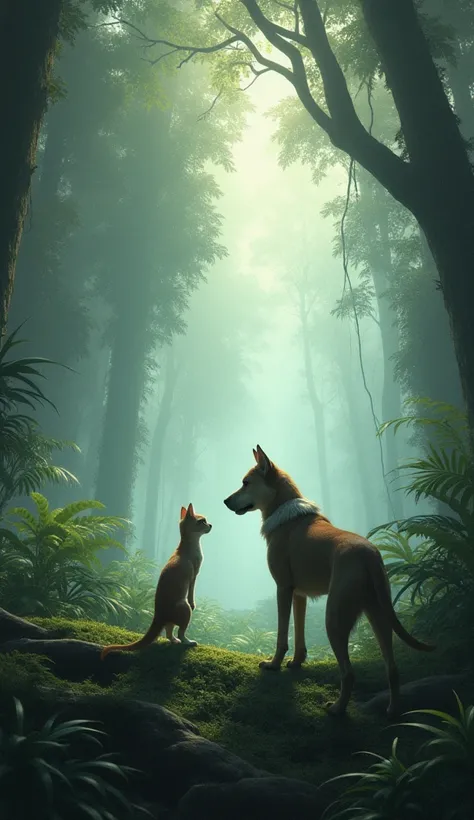 In a misty and enchanting forest, a slender, agile cat and a strong, loyal dog stand face to face in a moment of tension. The forest was filled with tall trees, dense vines, and dappled sunlight filtered through the dense canopy. The cat, with slightly rai...