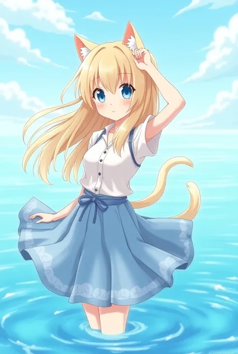 masterpiece, best quality, ultra-detailed, kawaii, cute, lovely, illustration, ocean, a , , solo, skirt, beautiful blond hair, beautiful light blue eyes, beautiful eyes, cat ears, light smile, ahegao