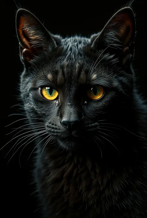 dark, creepy horror movie (old cat) evil but beautiful face, glossy dark cherry yellow hellish look, frighteningly beautiful exp...