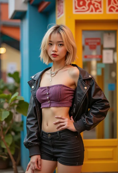 A young korean woman with short blonde hair, wearing sexy miniskirt, 90s fashion, Photorealistic