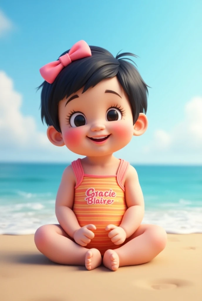 3D 8 month baby , light skin, , short hair, with pink bow on the head , black hair, Body rosa, smilin, wearing stripe orange/pink dress with name on her dress gracie blaire , sitting on the ocean 