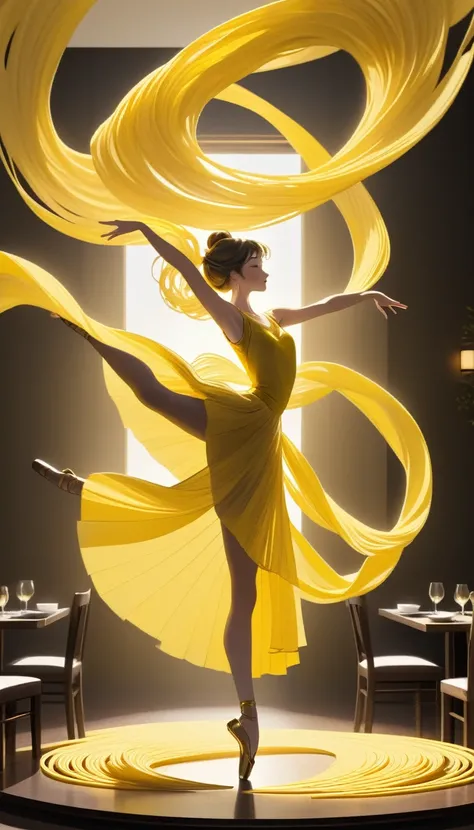 Creating a mesmerizing image, where the noodles rise from a plate of noodles, forming the elegant silhouette of a dancer. The straight noodles gradually take on the graceful shape of a ballerina, with her arms outstretched and one leg bent, as if in mid-tw...