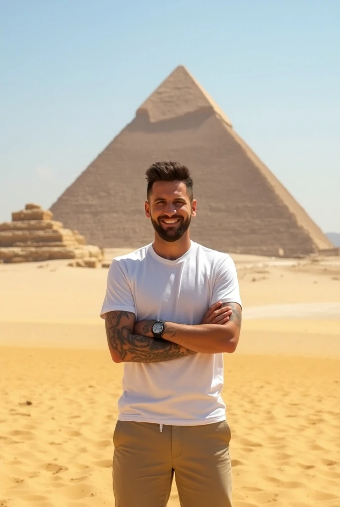 Lionel Messi-like figure standing in front of the majestic Pyramids of Giza in Egypt. The person is casually dressed, smiling against the backdrop of the ancient pyramids, with golden sand stretching around and a clear blue sky. The scene blends the histor...