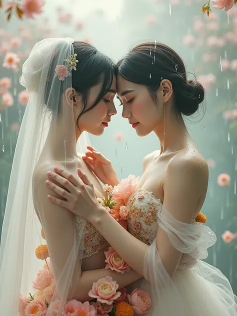 real photograph, I am the rain that sees the most beautiful japanese woman and touches her all over her body of different races giving her hope and faith and using only pastel colors, in a Rose, Daisy,  Peony, Marigold, costume poses for a photo, inspired ...