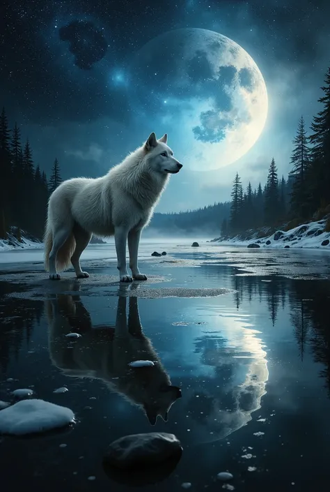 a high-fidelity, award-winning digital art masterpiece, depicting an exotic and mystical white dire wolf standing majestically o...